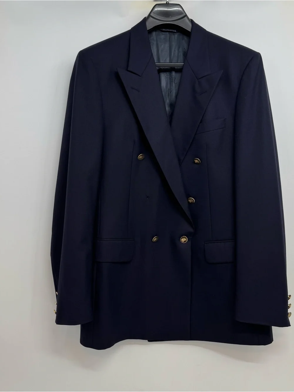 Vintage BURBERRYS Navy Blue Gold Button Super 100's Wool Double Breasted Blazer